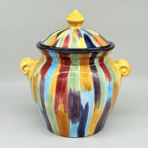 Tabletops Unlimited Madrid Canister Multicolor Brushstroke Design 9.5" W/Lid